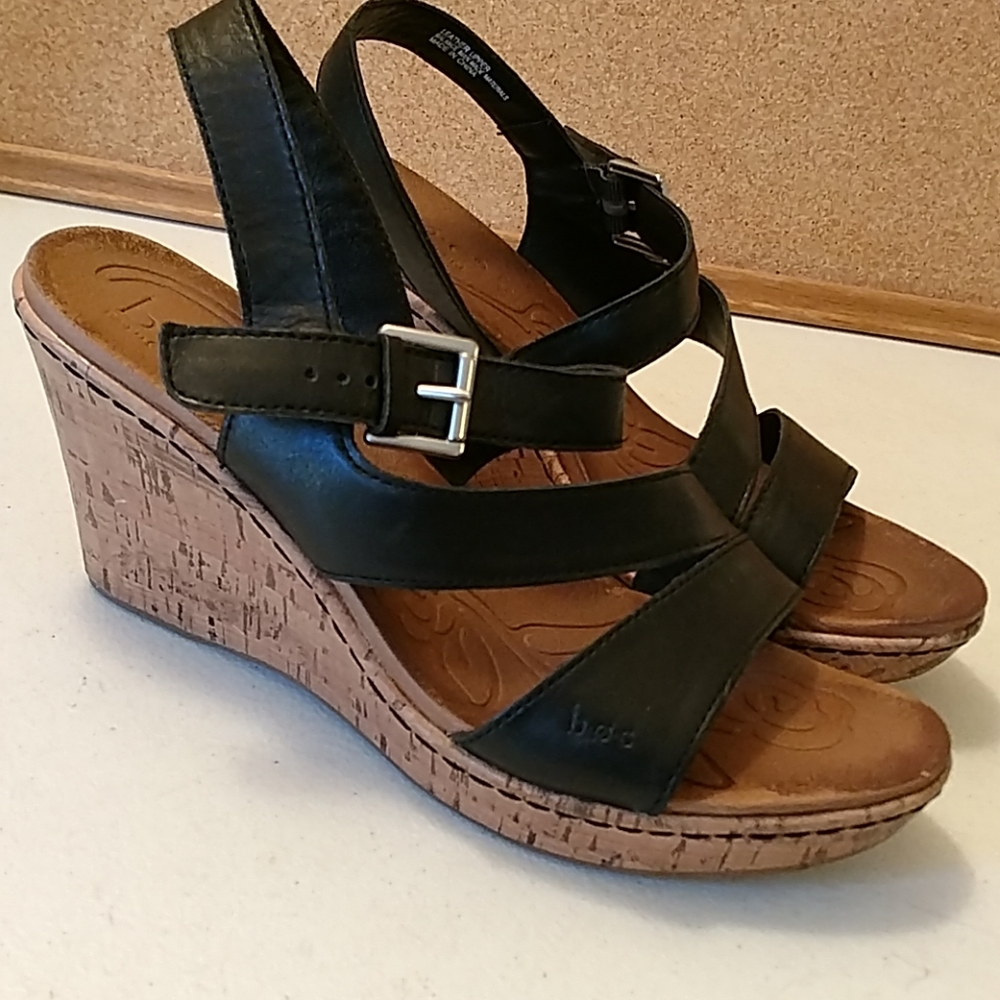Born BOC black leather strappy wedge heels